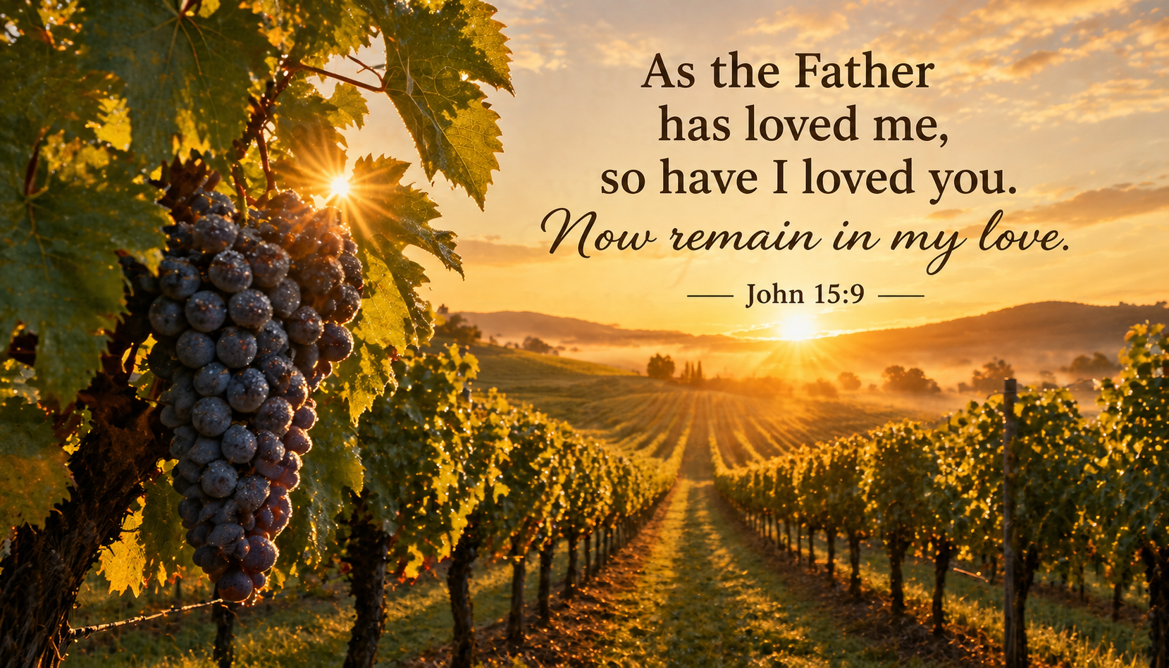 John 15:9 verse image with golden vineyard at sunset, grape clusters and vine rows in warm light